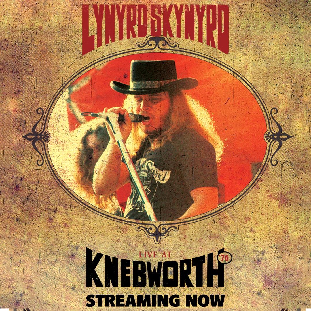 A musician wearing a hat and holding a microphone is featured on a vintage-style poster that reads "Lynyrd Skynyrd Live at Knebworth '76 Streaming Now.