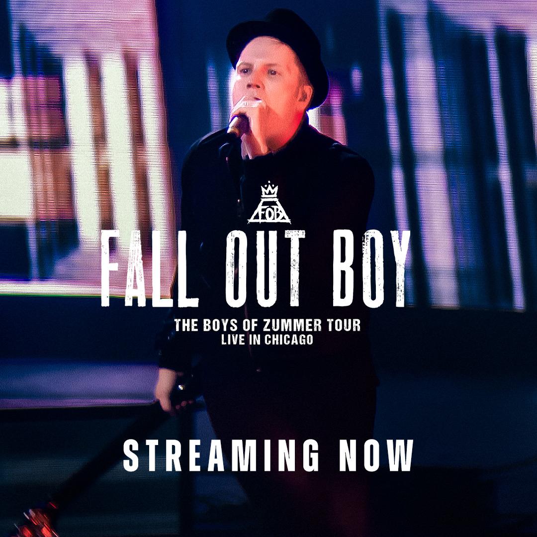 Fall Out Boy singer holds a microphone and performs on stage. Text on the image reads: "Fall Out Boy - The Boys of Zummer Tour - Live in Chicago.