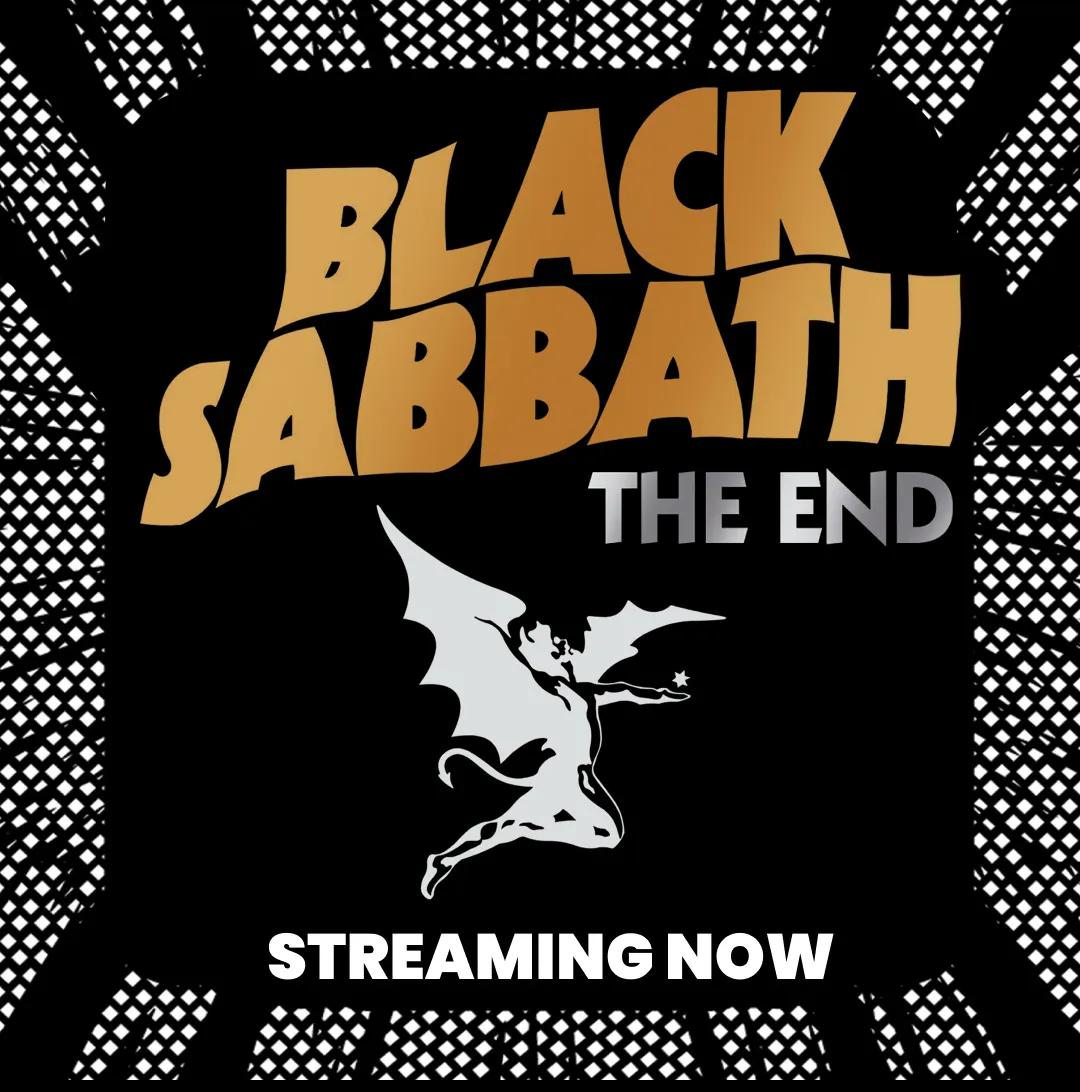 Black Sabbath "The End" promotional poster featuring a winged figure and the text "Streaming Now" on a black background with white and gold lettering.