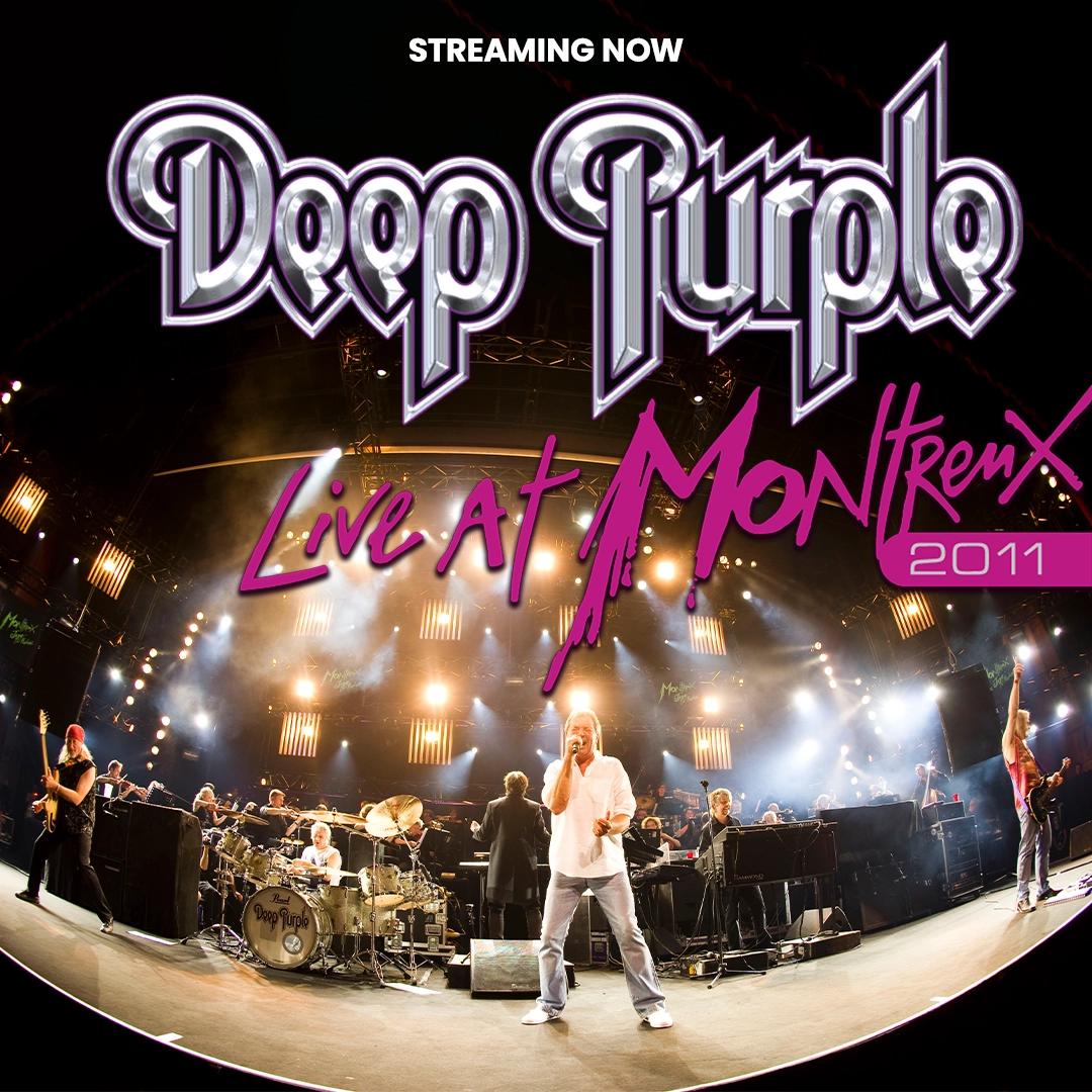 Stage performance of the band Deep Purple during the "Live at Montreux 2011" concert, with the lead singer in front and musicians playing instruments amidst bright stage lights.