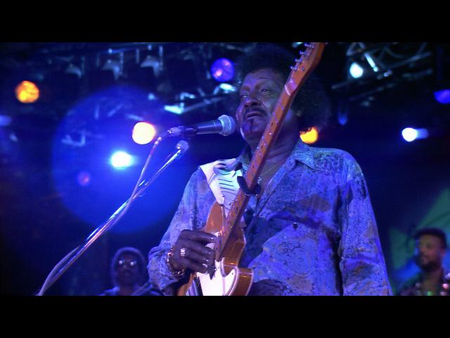 Albert Collins in a patterned shirt plays electric guitar and sings into a microphone on a dimly lit stage with colorful lights.