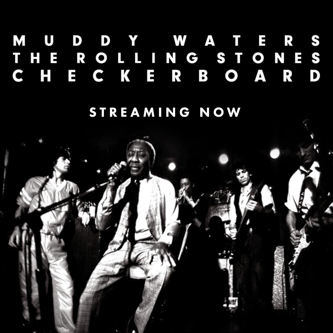 Black and white image of a musical performance featuring Muddy Waters and The Rolling Stones at the Checkerboard Lounge with the text "Streaming now" above the scene.