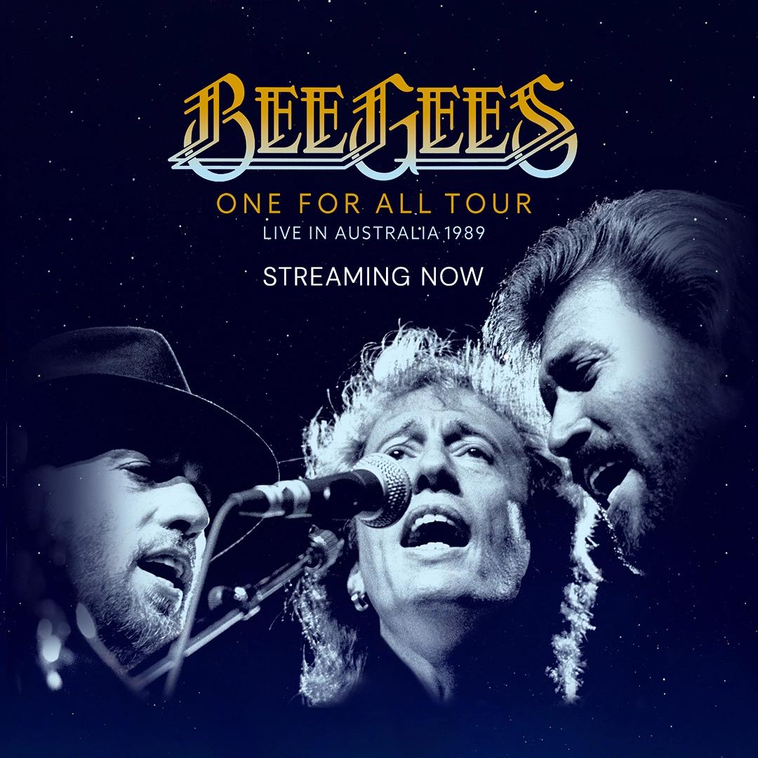 Album cover for the Bee Gees' "One for All Tour: Live in Australia 1989," featuring an image of the band members singing into microphones against a dark blue background with star-like lights.