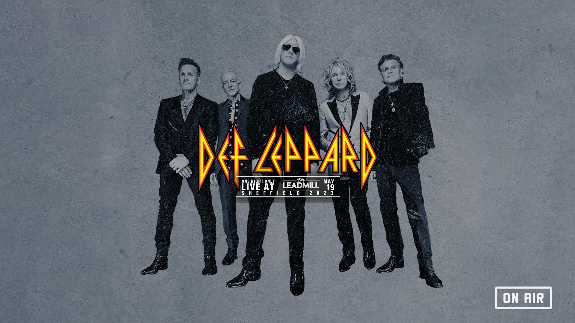 Def Leppard members in black outfits stand against a textured gray background, with "Def Leppard" and concert details overlaid in bold letters.