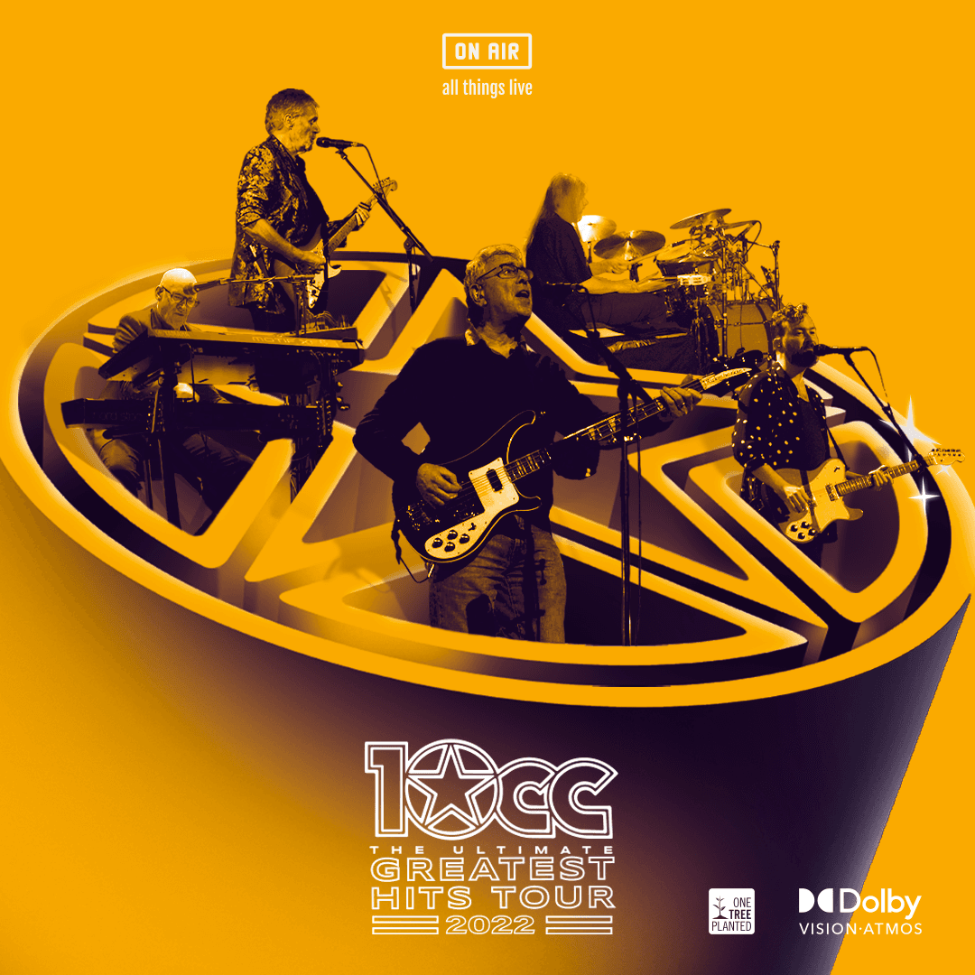 Square artwork for 10cc ‘The Ultimate Greatest Hits Tour’ recorded at The New Theatre Oxford on 27th October 2022 with the band stood inside the 10cc logo on an orange background