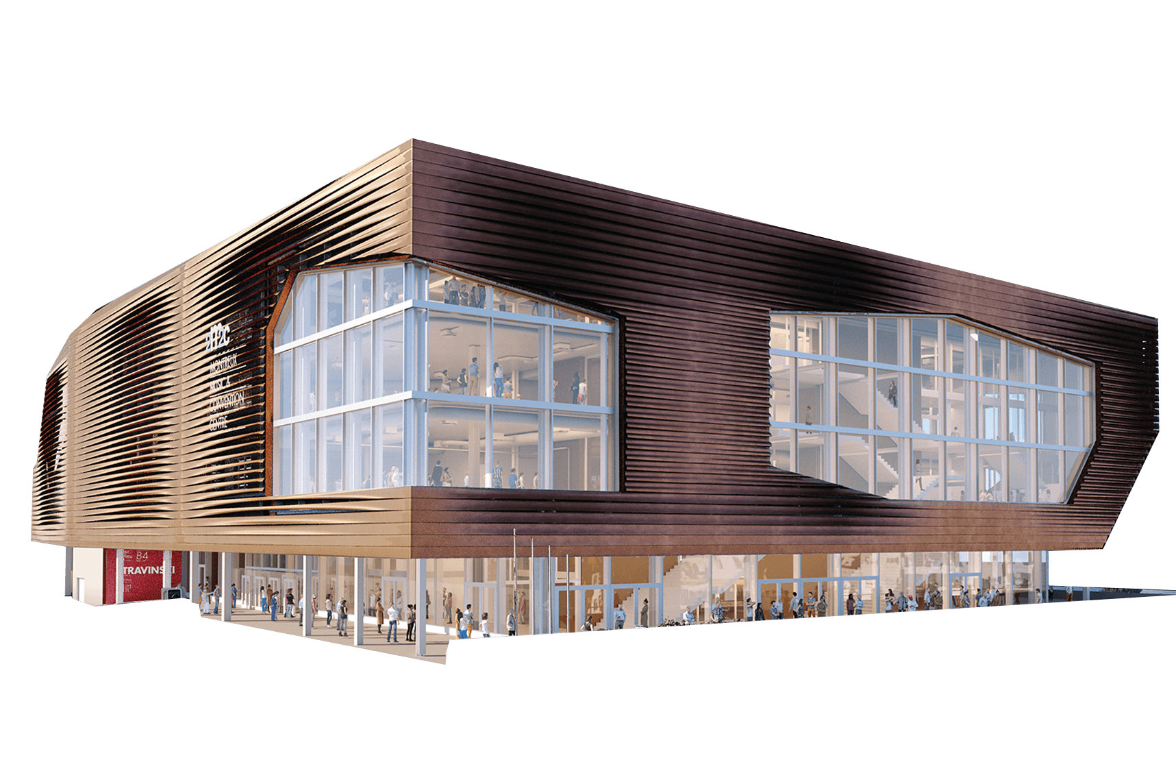 Montreux Music & Convention Centre is a modern, multi-story building with large glass windows and wooden exterior panels on the upper floors, located on a corner with people walking on the street below.