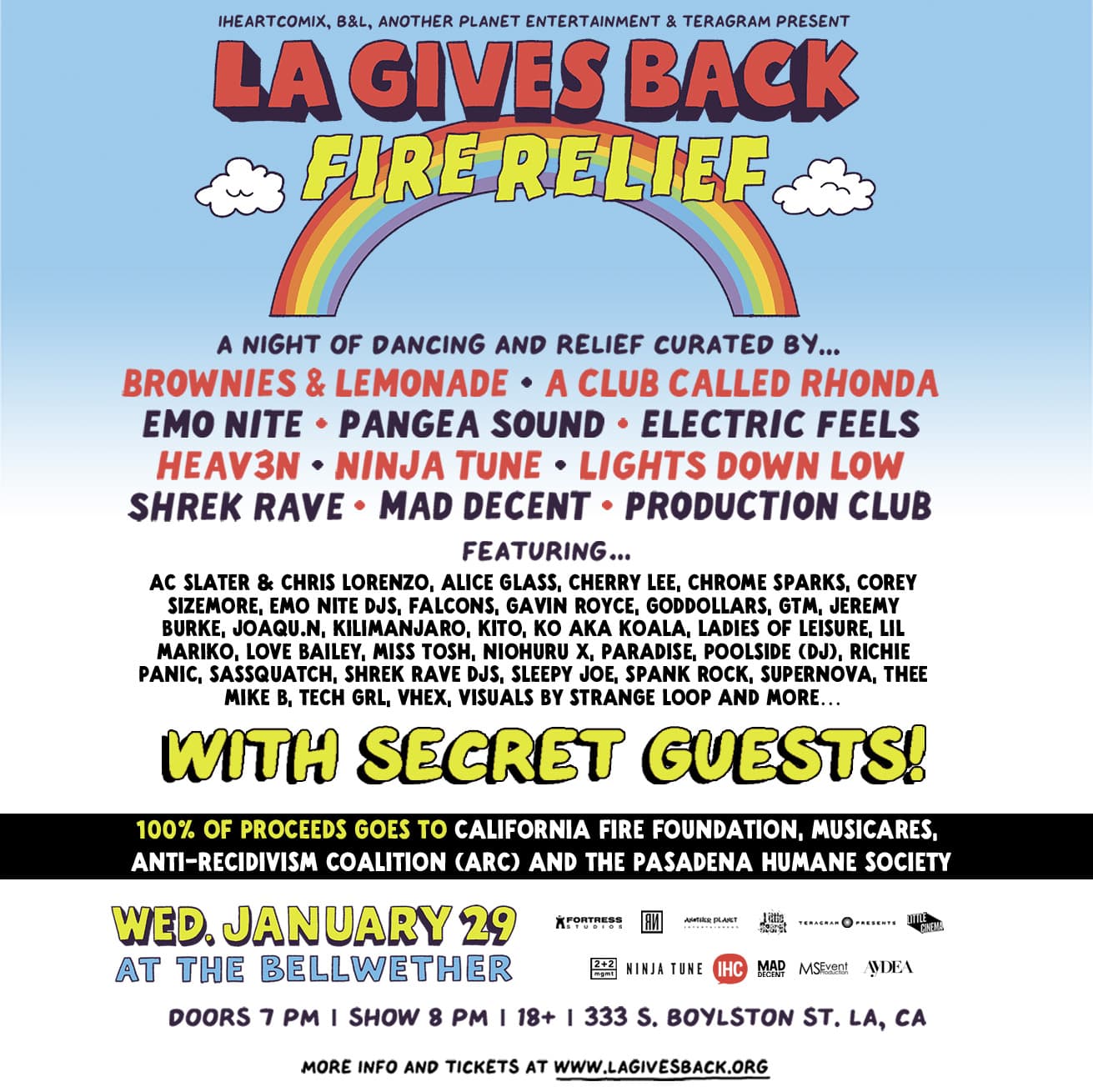 Cartoon cityscape with colorful skyscrapers under a rainbow against a blue sky. Two small clouds and palm trees frame the scene.