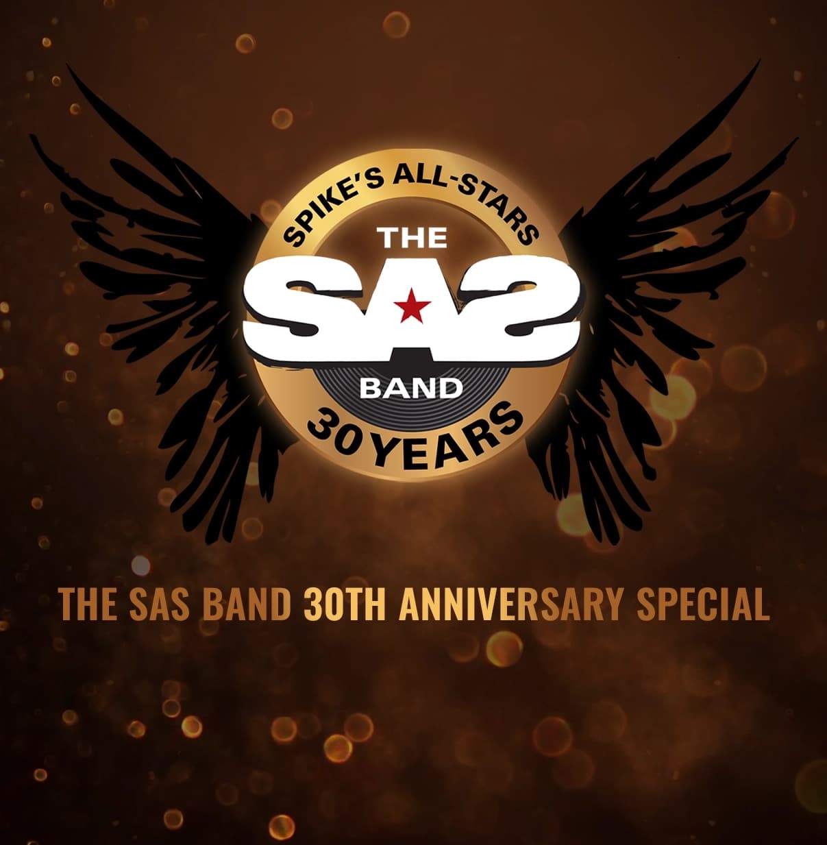 Logo featuring "Spike's All-Stars Band" with text "30 Years, The Ultimate All-Star Band," and wing design in the background.