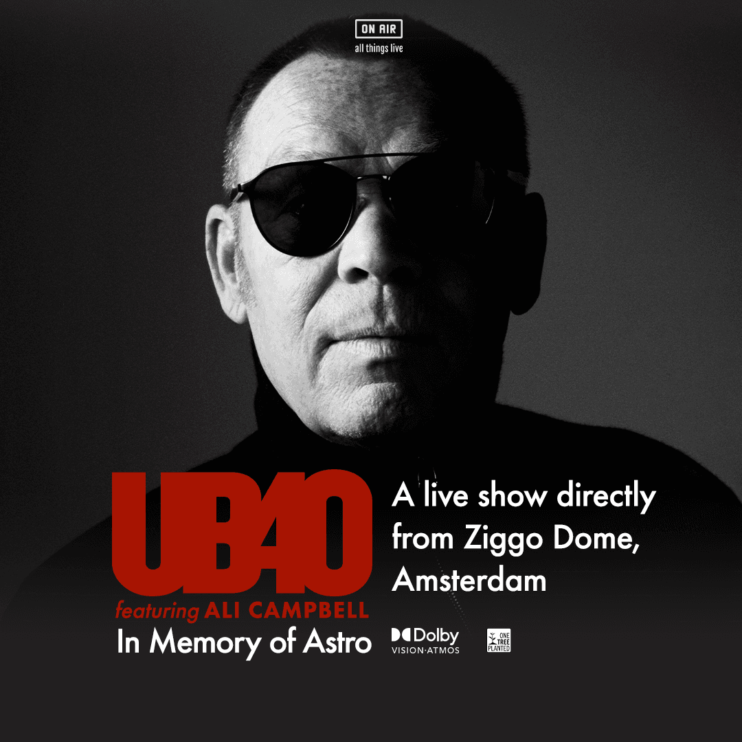 Square artwork for UB40 Featuring Ali Campbell performing their ‘In memory of Astro’ show at the Ziggo Dome Amsterdam in May 2022 featuring Ali Campbell wearing dark sunglasses