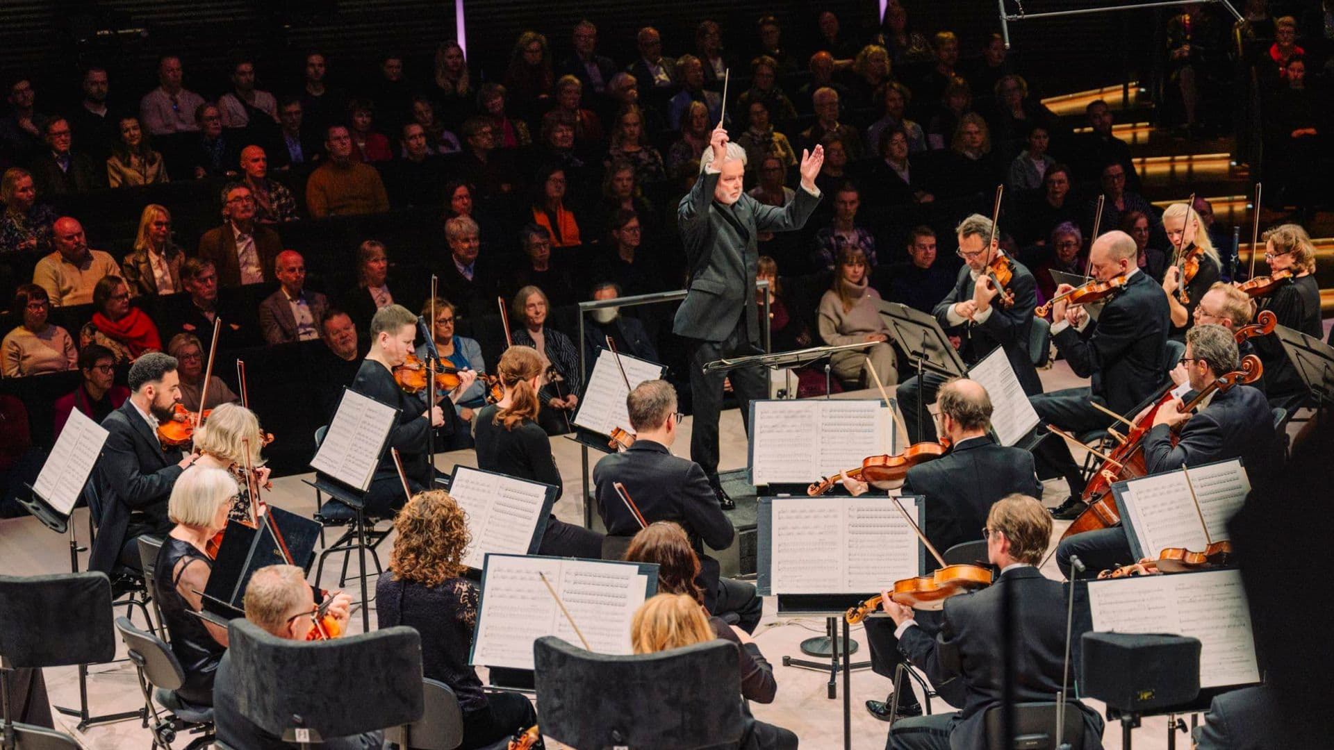 A conductor leads an orchestra during a live performance, with musicians playing string instruments and an audience seated in the background.