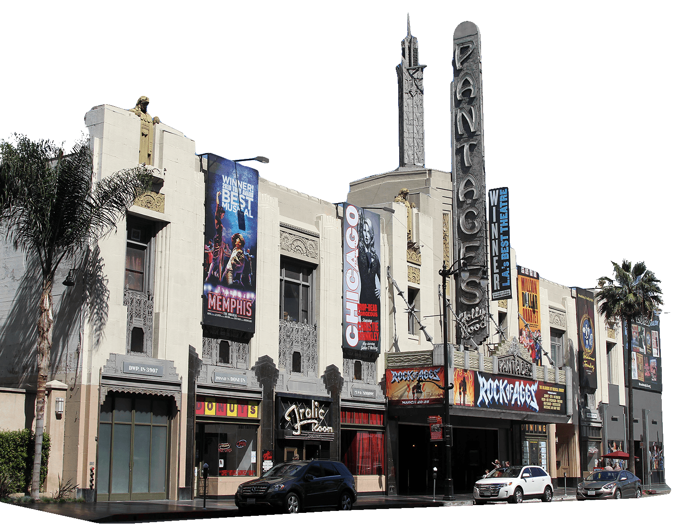 Street view of the Pantages Theatre in Hollywood, featuring show posters for Memphis, Chicago, and Rock of Ages, with cars parked along the curb.