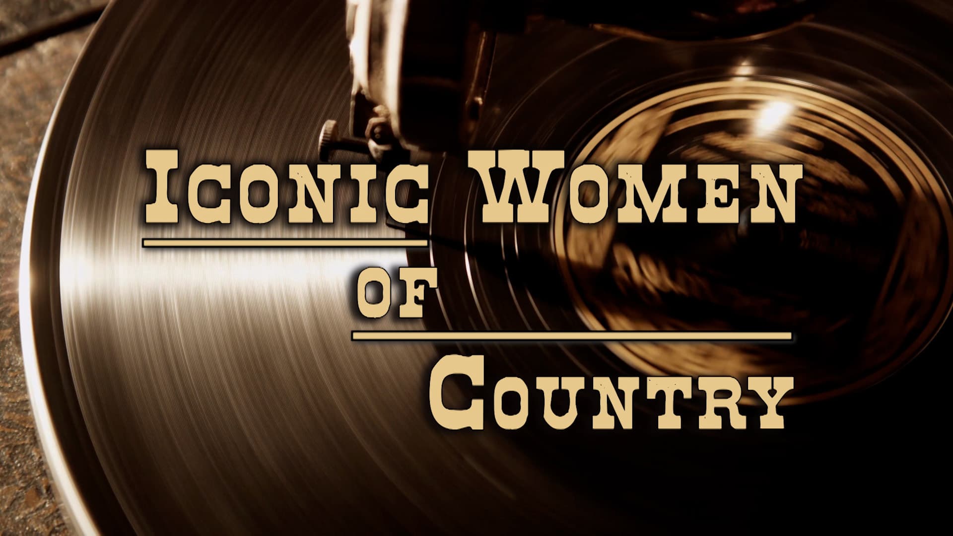 A close-up of a spinning vinyl record with the text "Iconic Women of Country" in bold, vintage-style font overlaid.