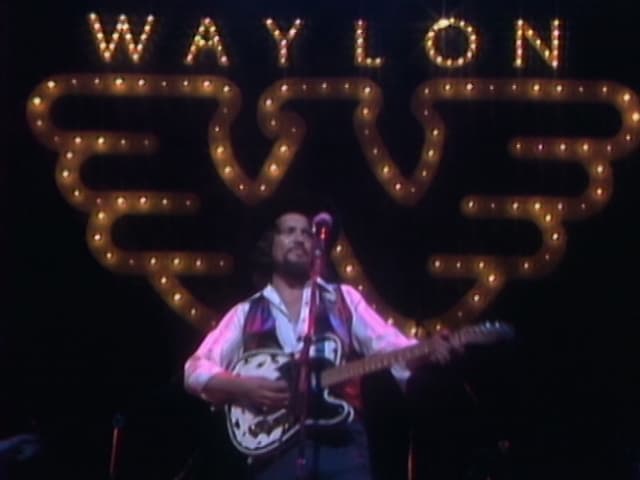 A musician plays guitar on stage, standing in front of a large illuminated sign spelling "WAYLON" with a winged emblem.