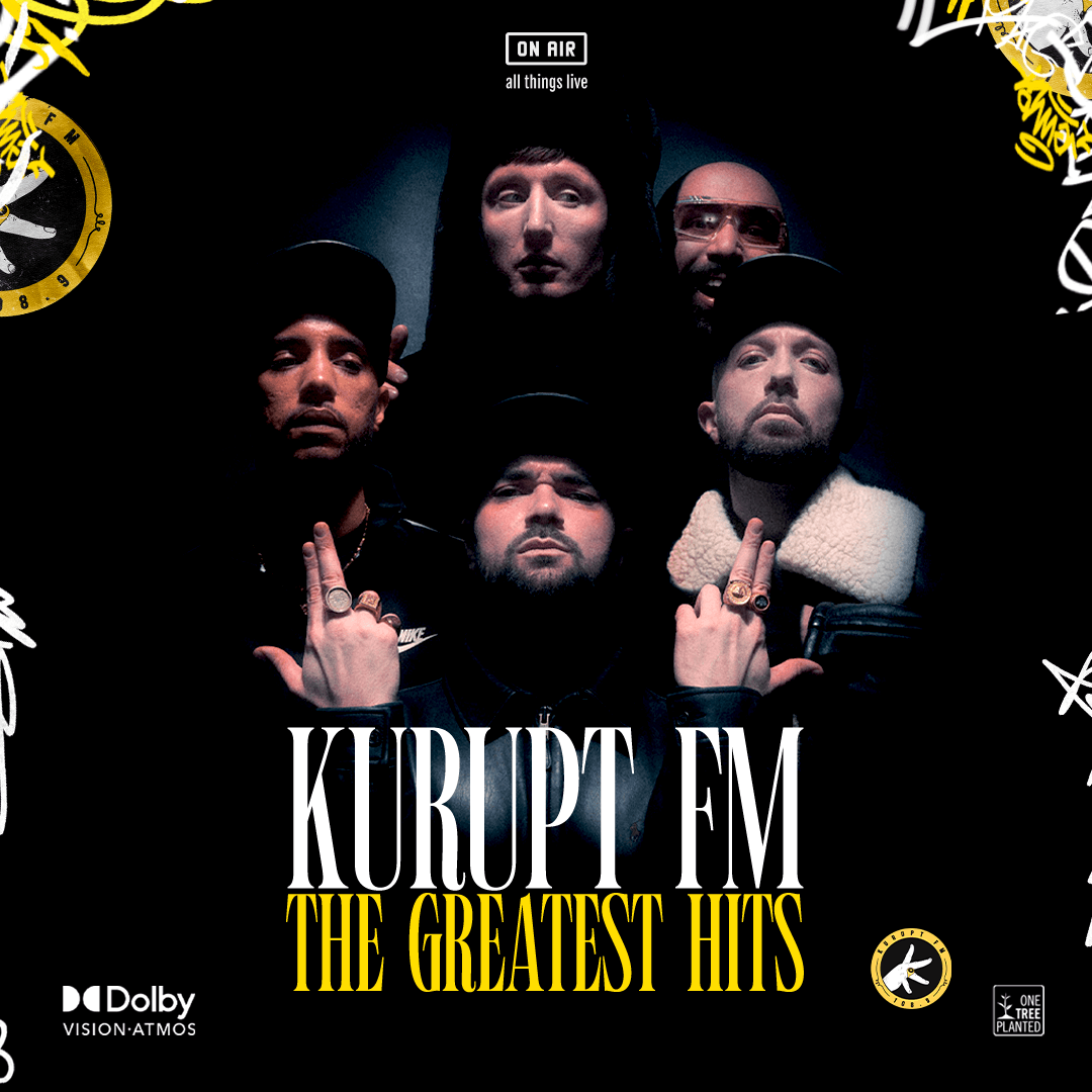 square artwork for the Kurupt FM 'The Greatest Hits Arena Tour' livestream show featuring the 5 members of Kurupt FM with their Ks in the air