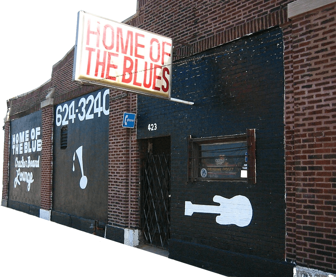 The Checkerboard Lounge building with a sign reading "Home of the Blues." White music note and guitar painted on the wall. A door is located between the sign and window. House number "423" visible.