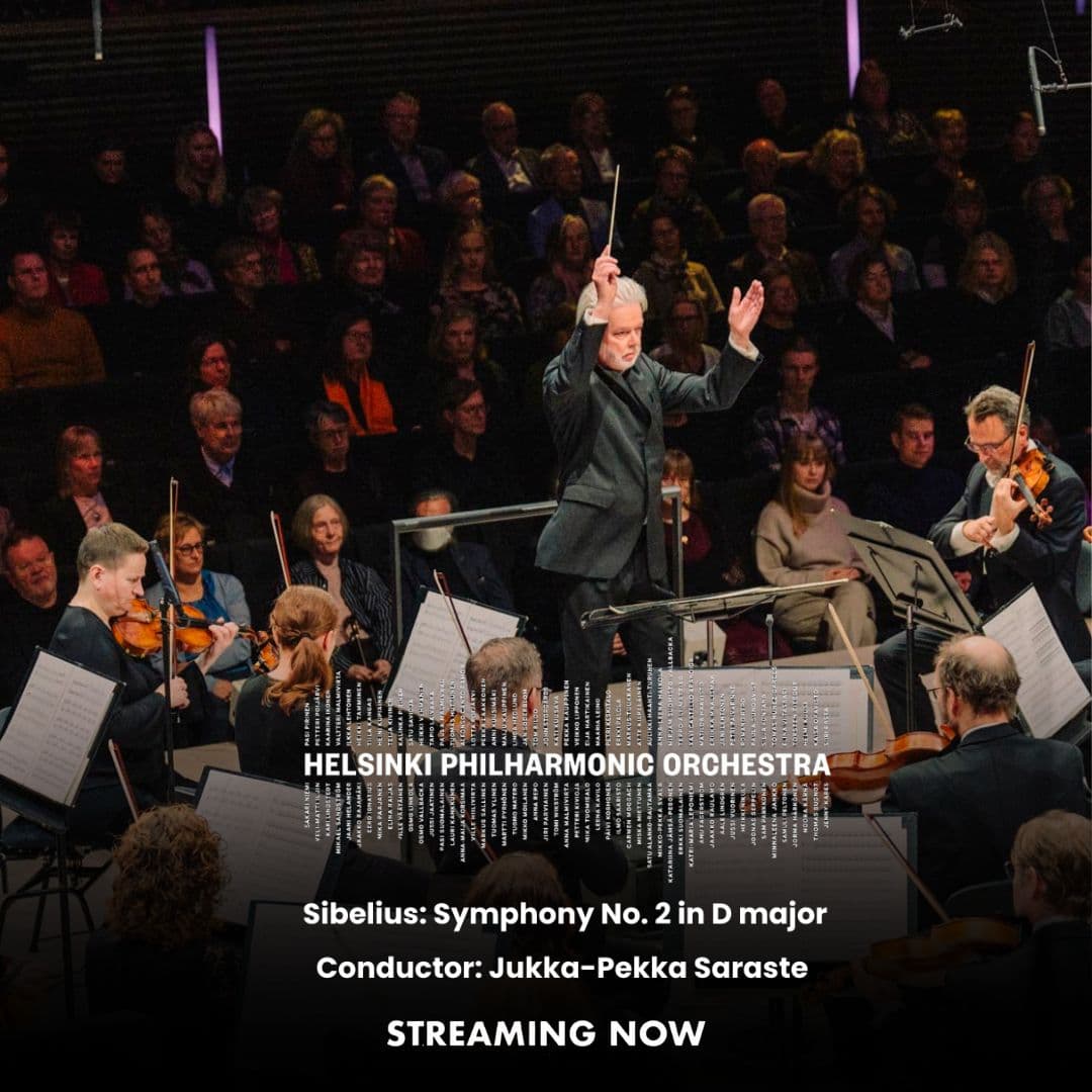 The Helsinki Philharmonic Orchestra performs on stage, led by conductor Jukka-Pekka Saraste, in a concert streaming now.