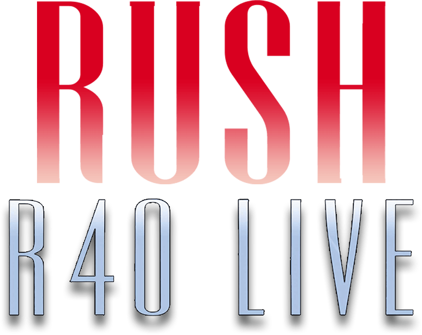 The image shows the words "RUSH R40 LIVE" with "RUSH" in large red letters and "R40 LIVE" in metallic blue letters below.