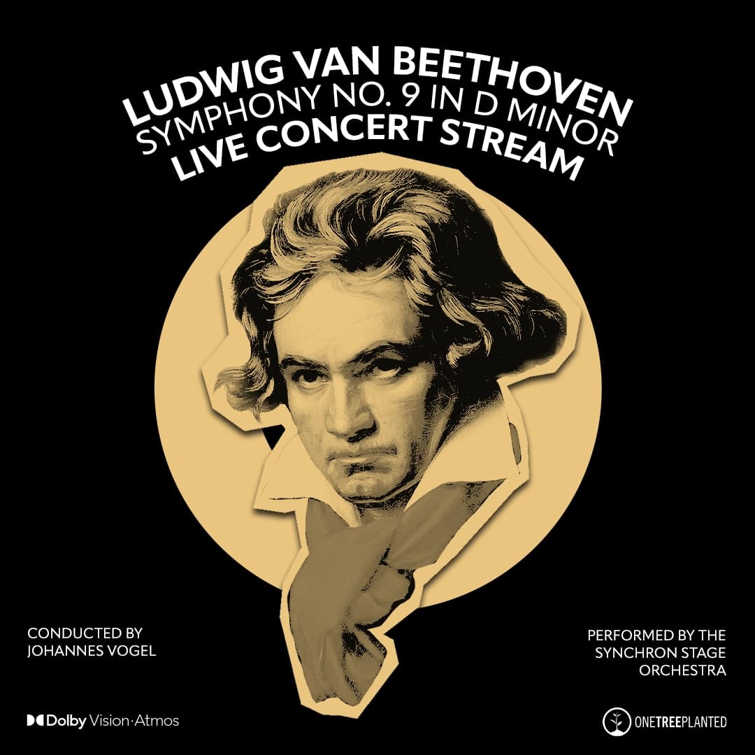 Illustration of Beethoven with text promoting a live stream concert of Symphony No. 9, conducted by Johannes Vogel, performed by the Synchron Stage Orchestra.
