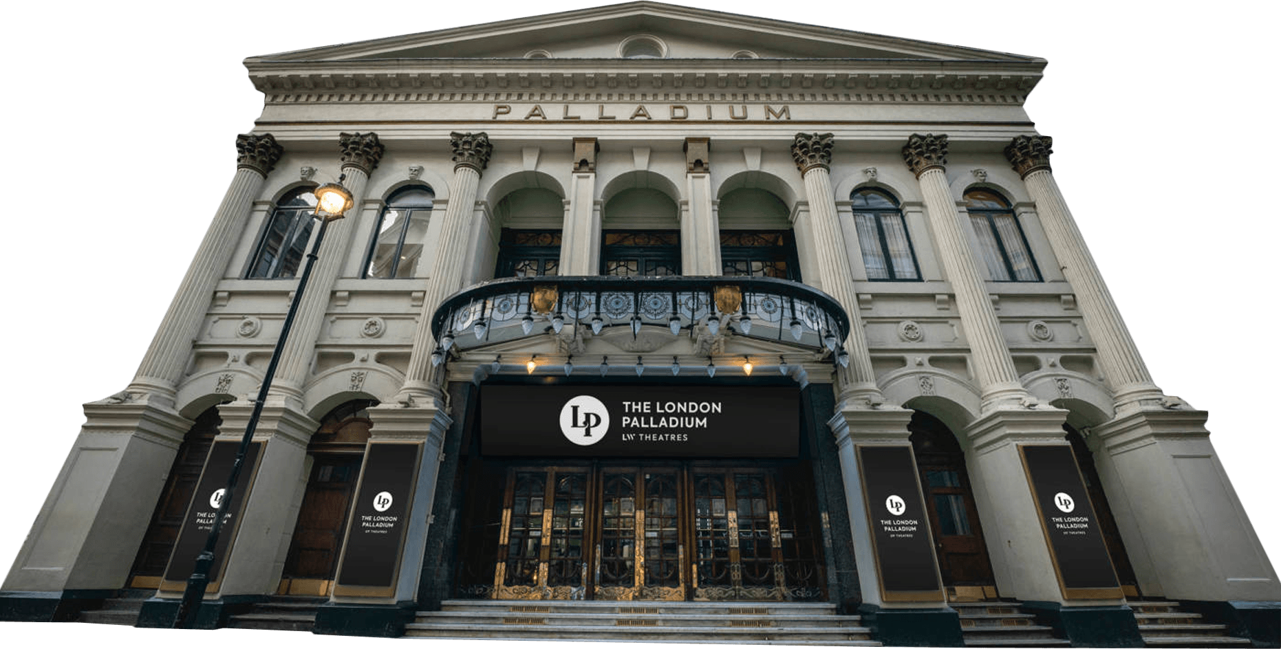 Facade of the London Palladium, featuring classical columns and ornate detailing, with signs displaying "The London Palladium" and "LW Theatres.