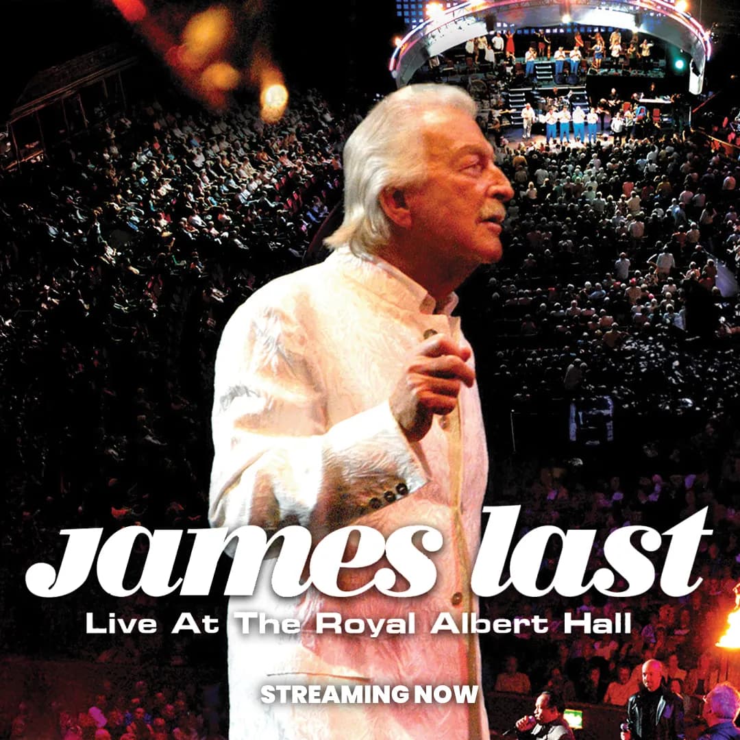 James Last conducts an orchestra on stage at the Royal Albert Hall, with an audience in the background. Text reads: "James Last Live At The Royal Albert Hall Streaming Now.