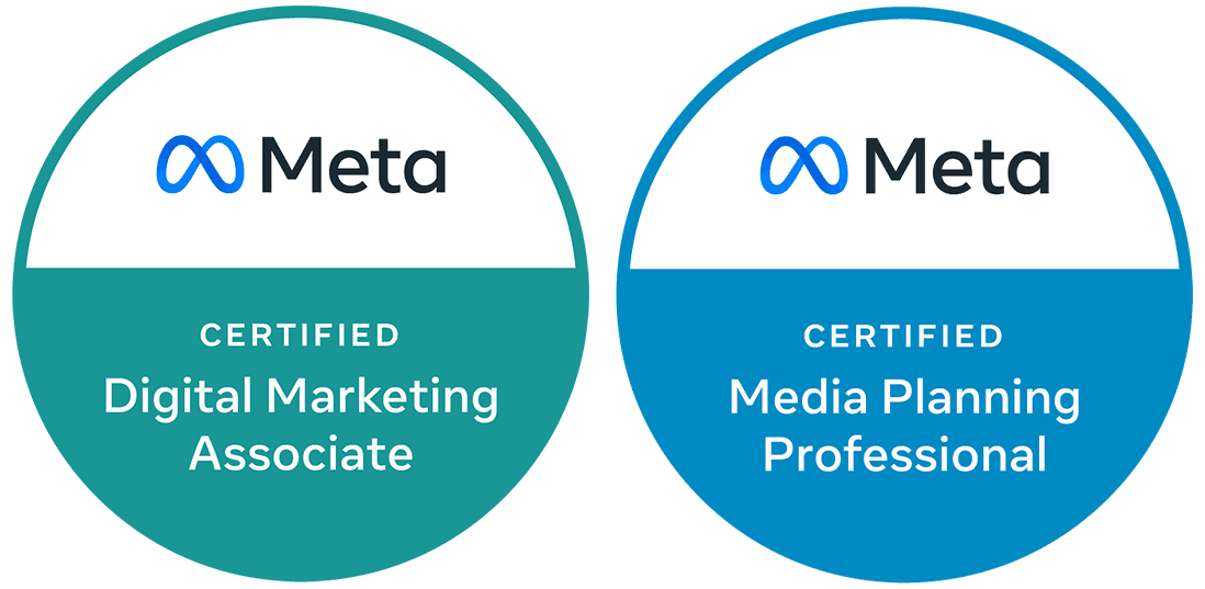 Two Meta certification badges: "Certified Digital Marketing Associate" in teal and "Certified Media Planning Professional" in blue.